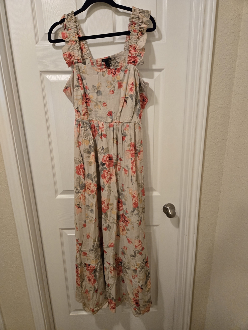 torrid Cream Maxi Dress with Coral Floral Print and Ruffled Straps - Picture 3 of 14